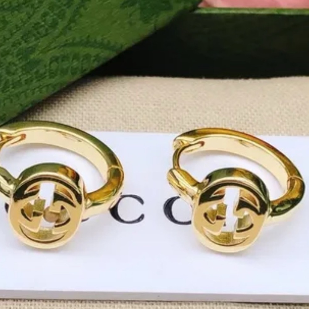 18kt Gold Plated Interlocking Double G Logo Hoop Earrings - Gucci Style - Picture 2 of 5
